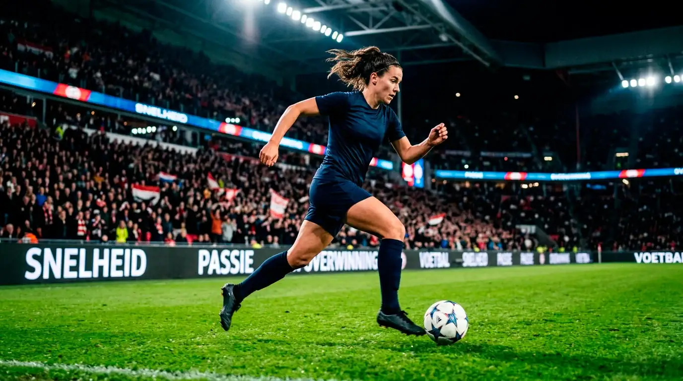 Vrouwelijke voetballer in actie tijdens een avondwedstrijd onder de lichten